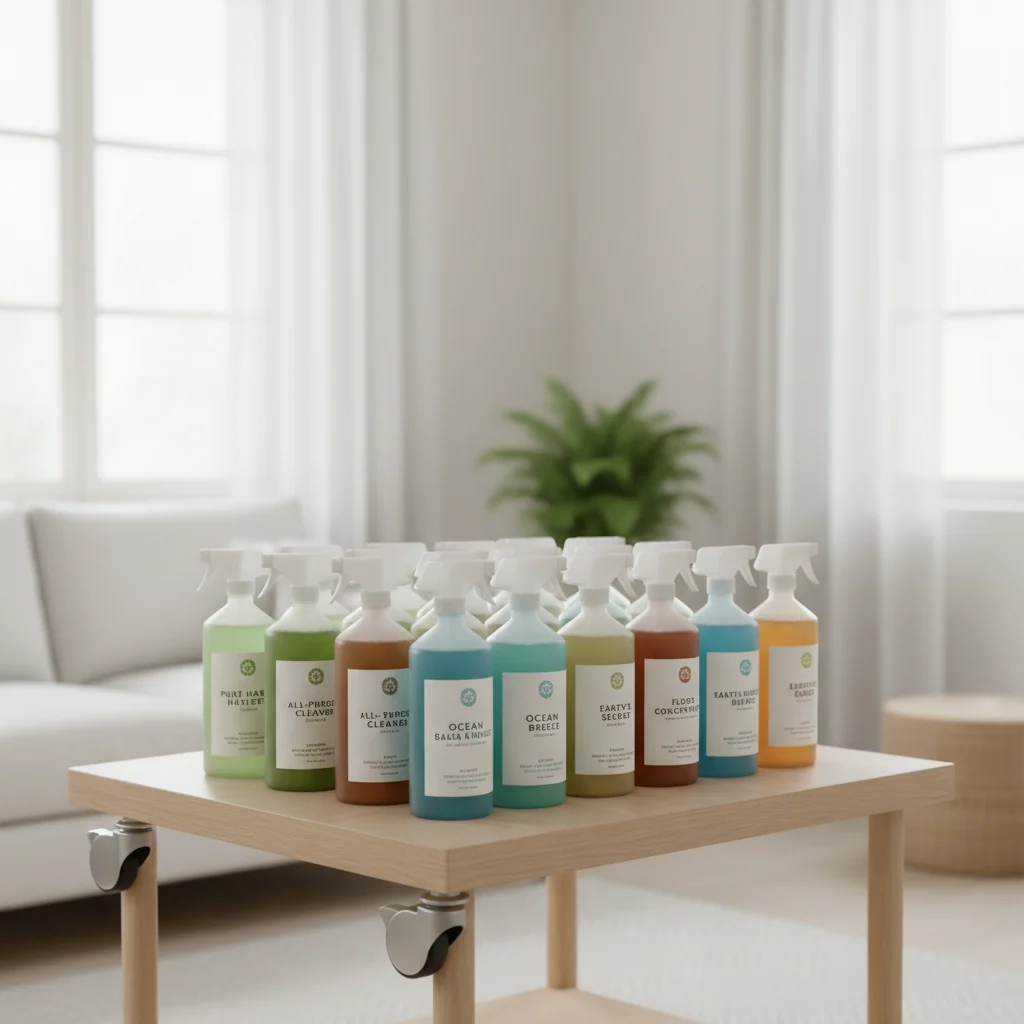 Organized display of eco-friendly plant-based cleaning product bottles arranged neatly showing natural green and blue solutions