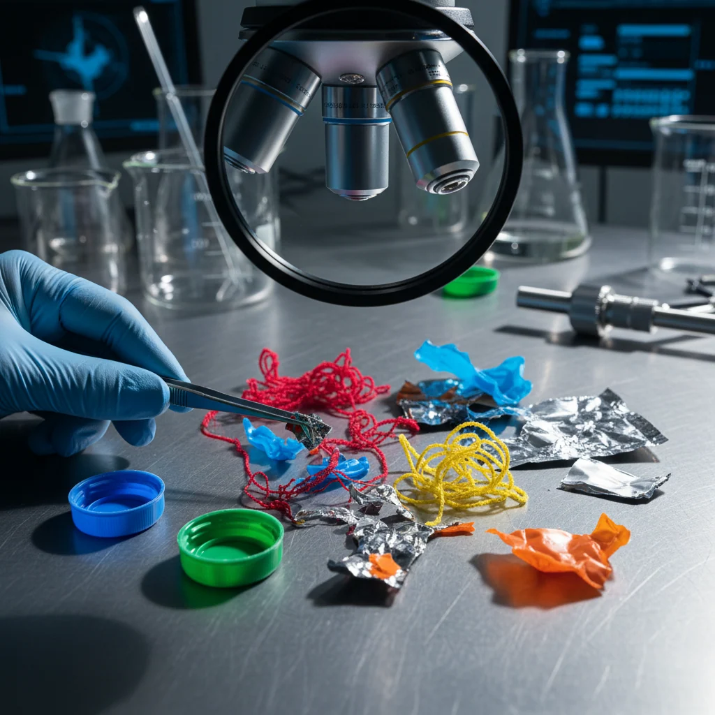 Close-up of colorful plastic waste and composite materials on stainless steel surface with scientist's gloved hands examining samples under laboratory magnification lens