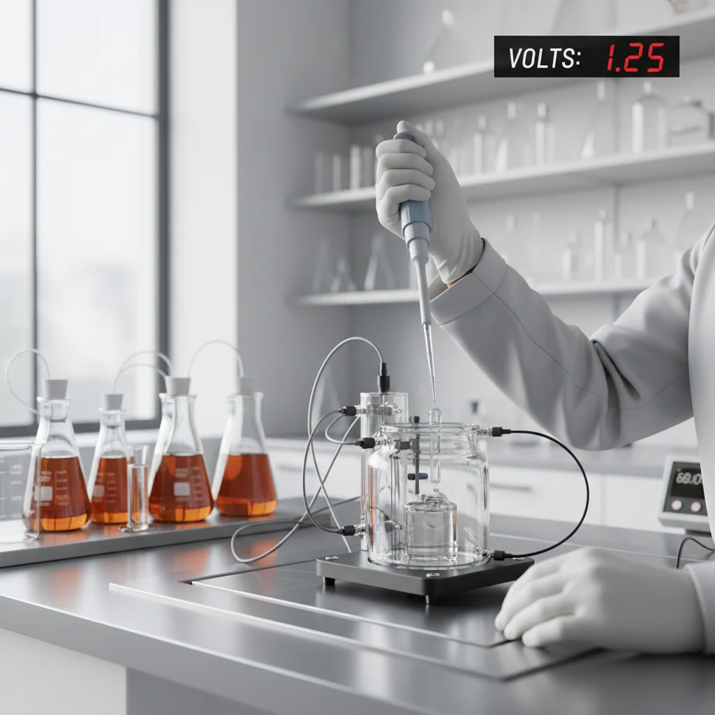 Chemist's hands extracting liquid sample from electrochemical cell in well-lit laboratory setting with precision instruments.