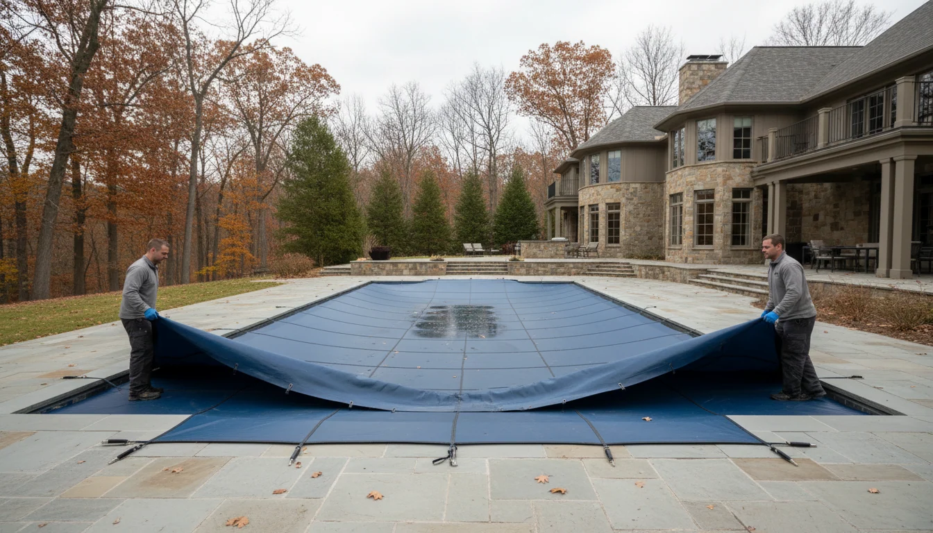 Technician installing protective cover on residential pool for seasonal winterization and protection