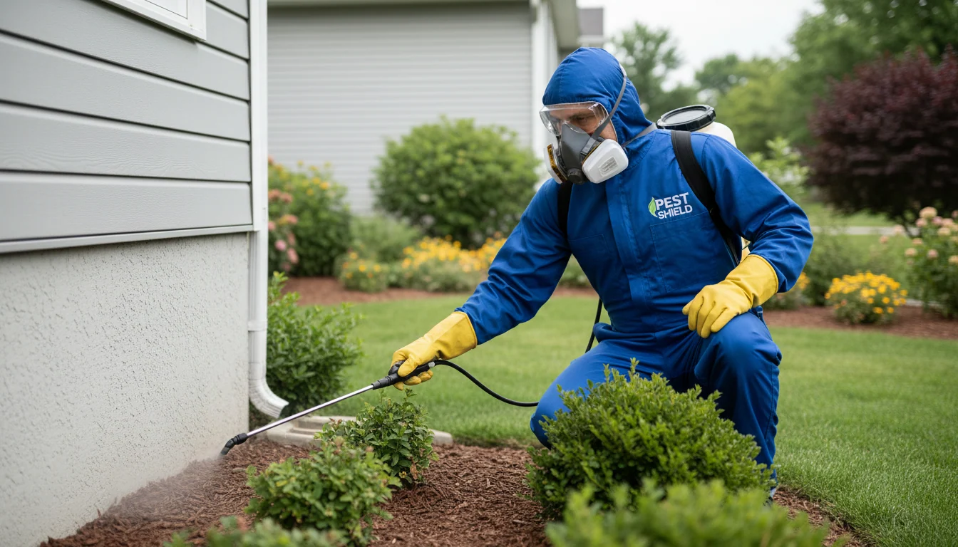 Pest control technician spraying treatment along residential home foundation with protective equipment during daytime service