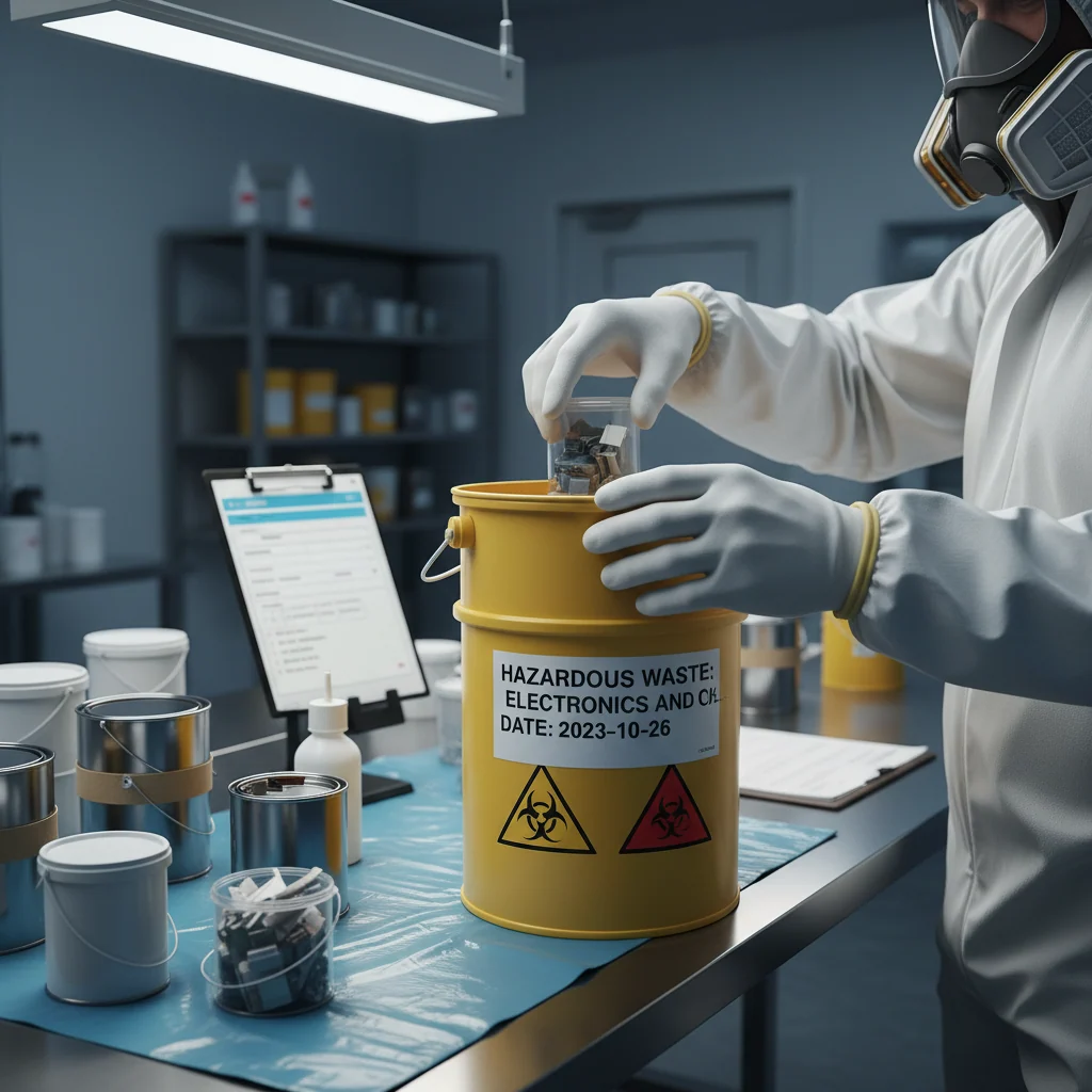 Technician wearing gloves carefully handling and cataloging hazardous materials in specialized containers with safety documentation