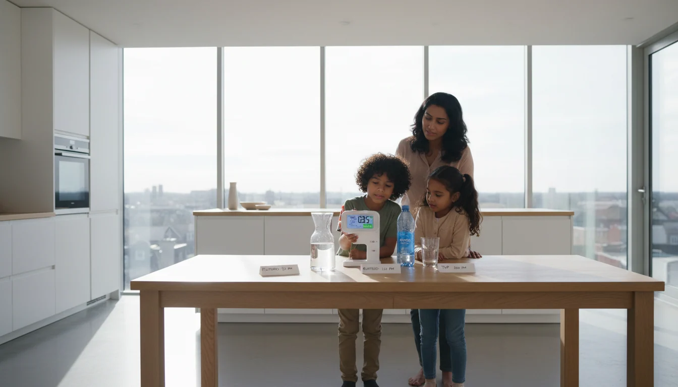 Family of three testing multiple water sources with portable quality device at kitchen table with natural light streaming through windows