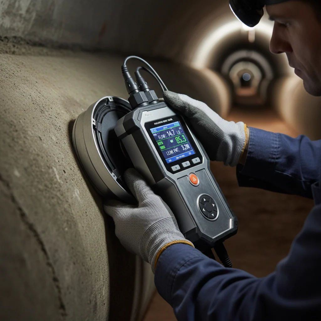 Technician's hands operating acoustic leak detection device on underground concrete pipeline in dim tunnel