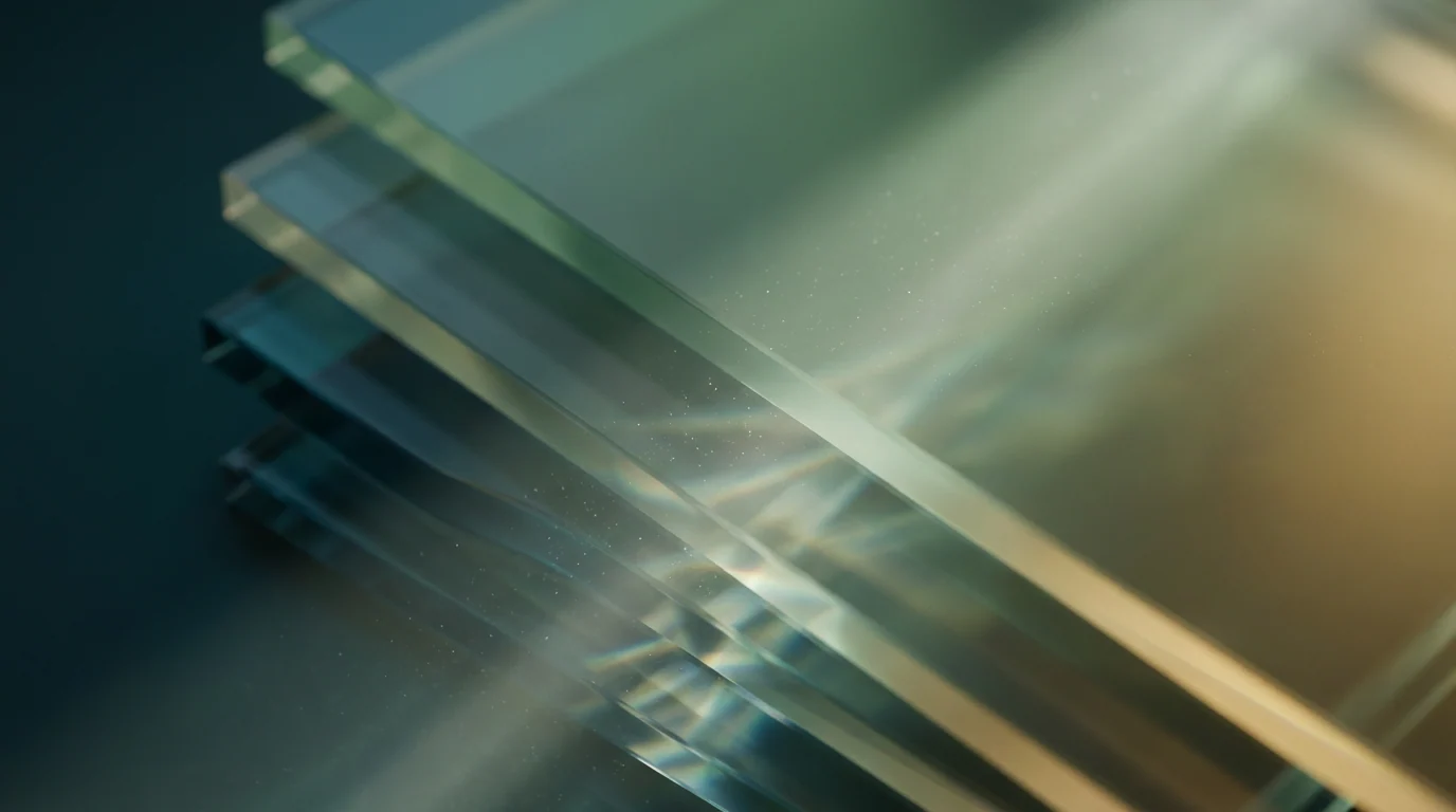 Translucent stacked glass layers with volumetric light rays and dust particles creating abstract policy framework visualization.