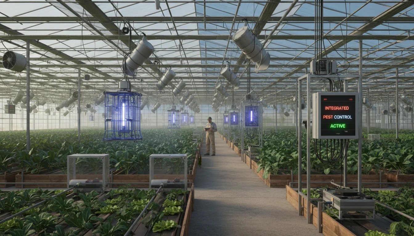 Agricultural facility interior with integrated pest management systems, operators monitoring sustainable control technology throughout the space