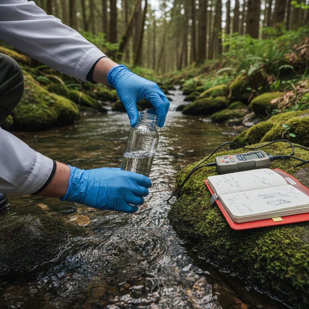 Scientist carefully collecting water samples from forest stream using calibrated equipment and protective gloves