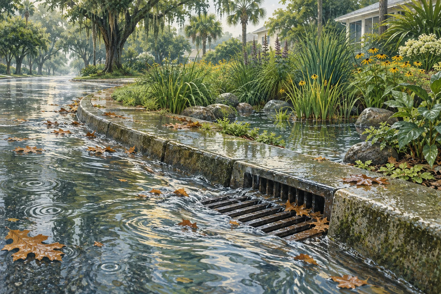 Original illustration of rainwater flowing along a curb toward a storm drain beside a rain garden.