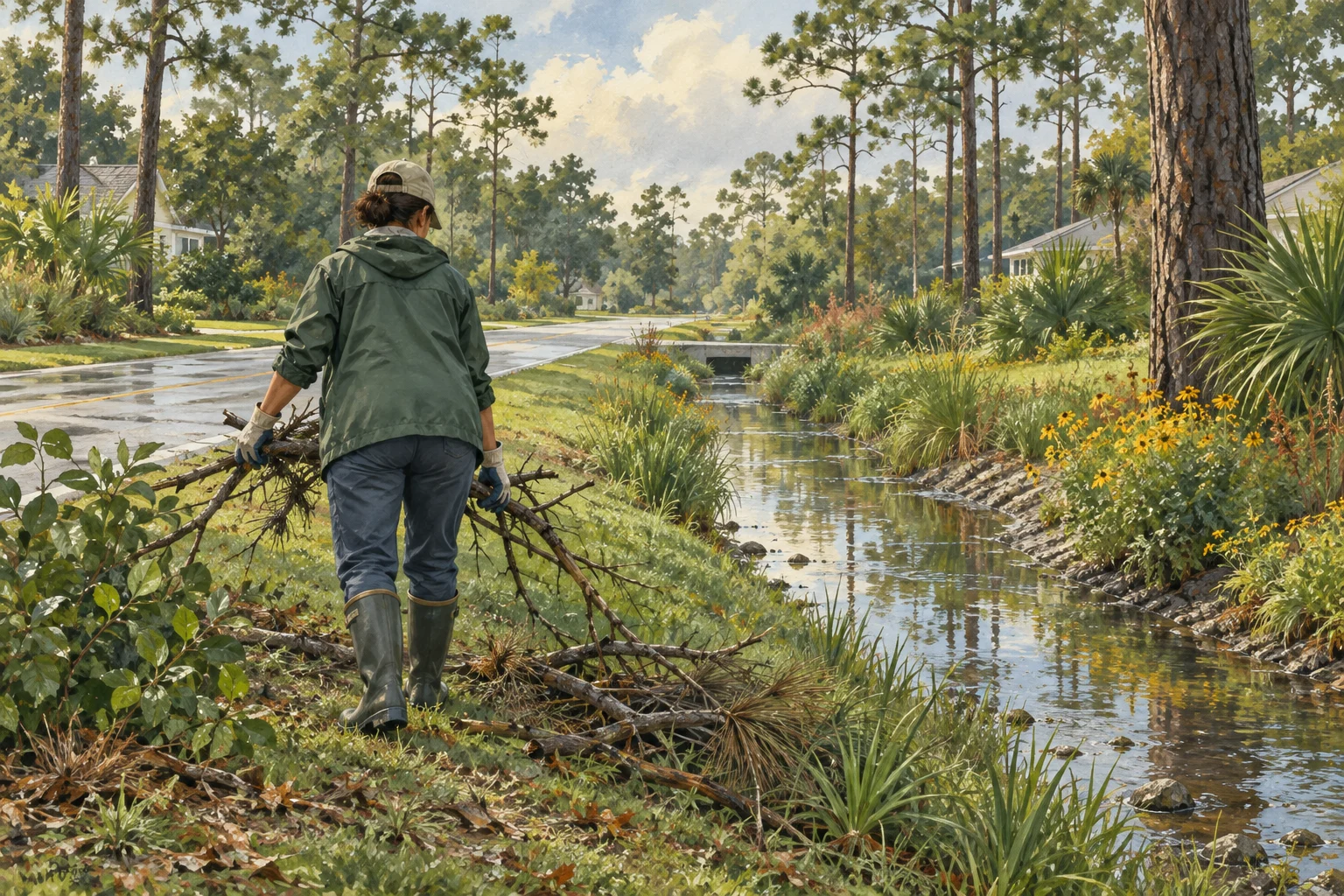 Original illustration of a volunteer collecting fallen branches beside a planted stormwater channel.