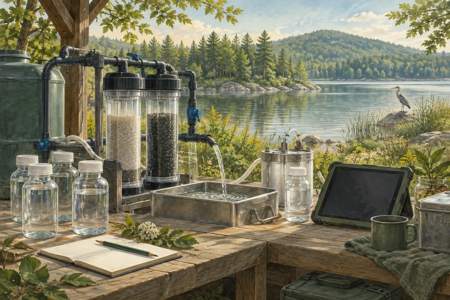 Original conceptual illustration of water sampling and filtration equipment on a shoreline research bench.